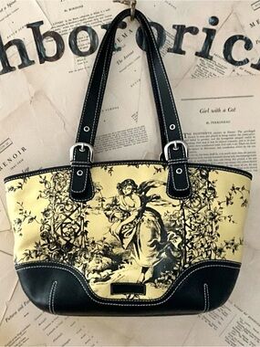 Vintage Isabella Fiore Y2K Black Yellow Toile Printed Leather Shoulder Tote Bag